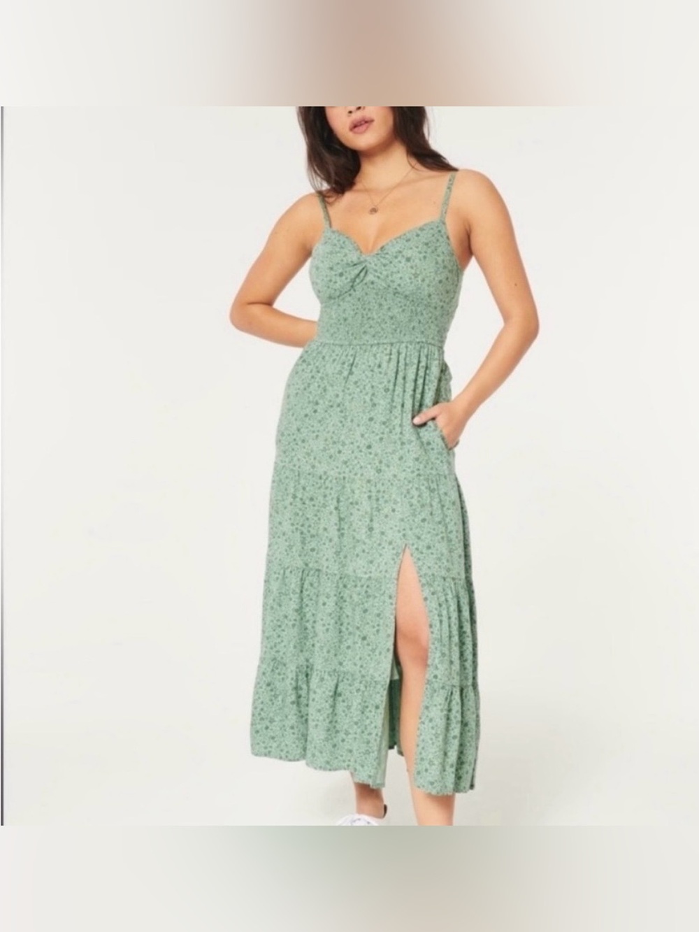 NWOT Hollister Green Floral Tie-Back Midi Dress Size S